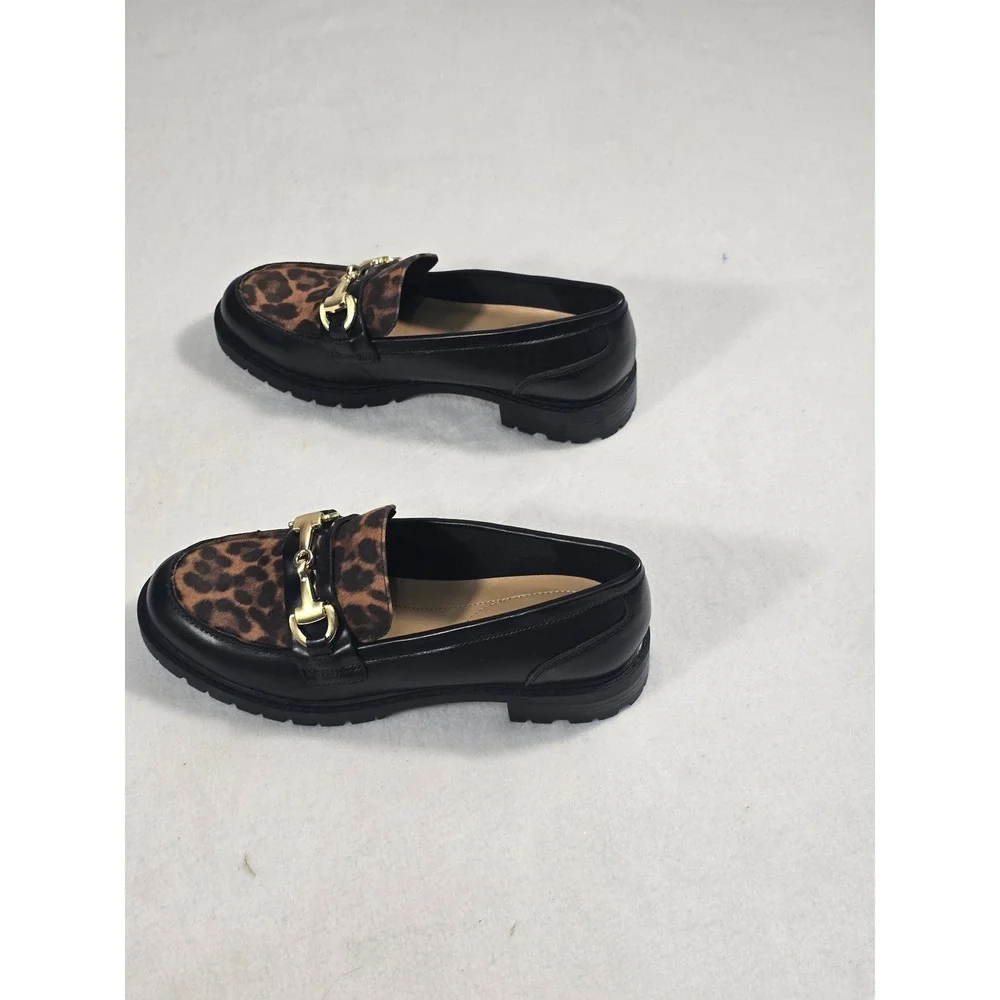 Nine West Wnnewdale8 Leopard Print Horsebit Lug Sole Loafers Black Women 6M new